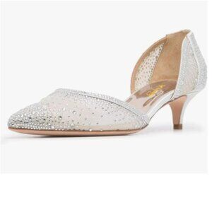 XYD Ivory Pointed Toe D'Orsay Kitten Heel Rhinestone Studs Slip-On Pump